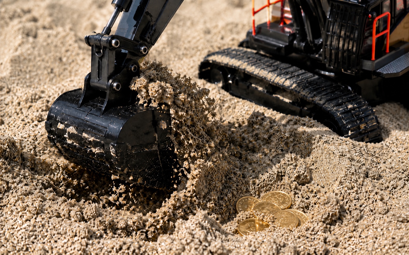 砂の中の金貨を掘り当てるRCショベルカー